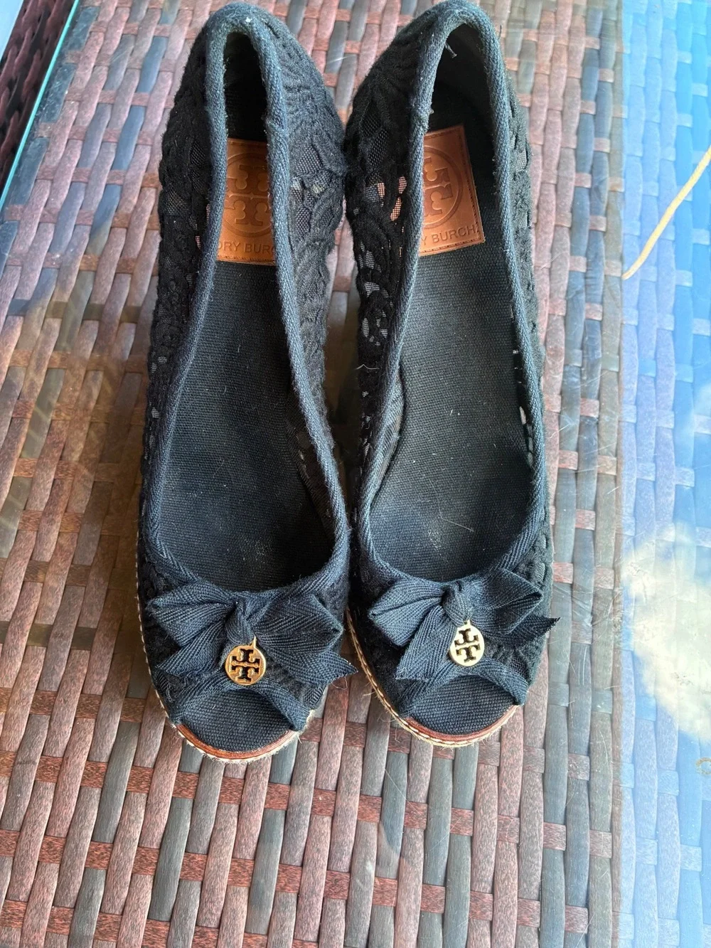 Tory Burch Black Lace Espadrille Wedge with Gold Logo